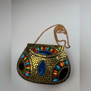 Ramla Handmade Moroccan Clutch with Shoulder Strap,‎ statement bag, brass/tile